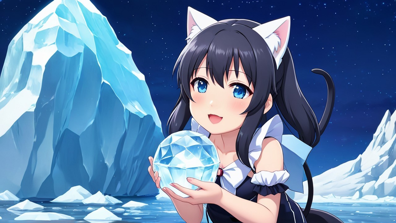 Girl with Cat Ears Holding Sparkling Ice Crystal