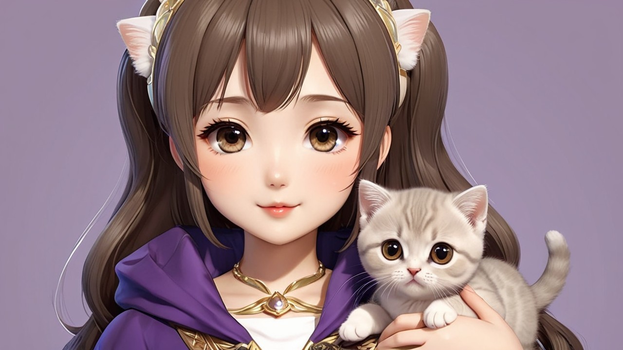 Charming Character with Cat Ears and Kitten in Robe
