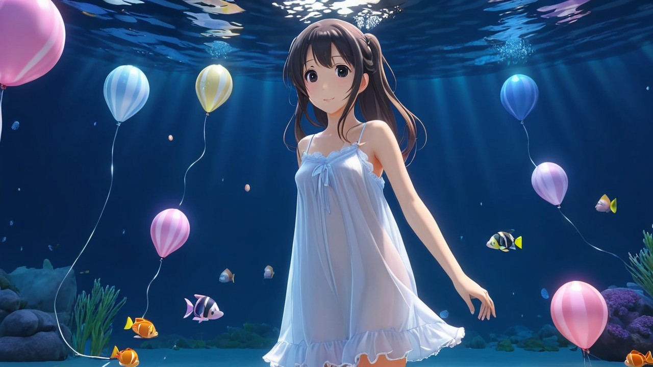 Underwater Scene with Girl in White Dress and Balloons