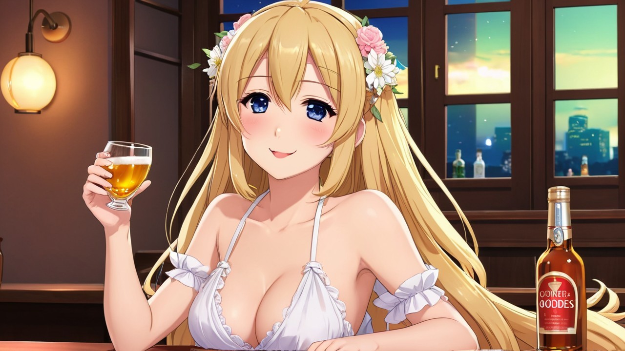 Cheerful Woman in White Bikini at Cozy Bar Setting