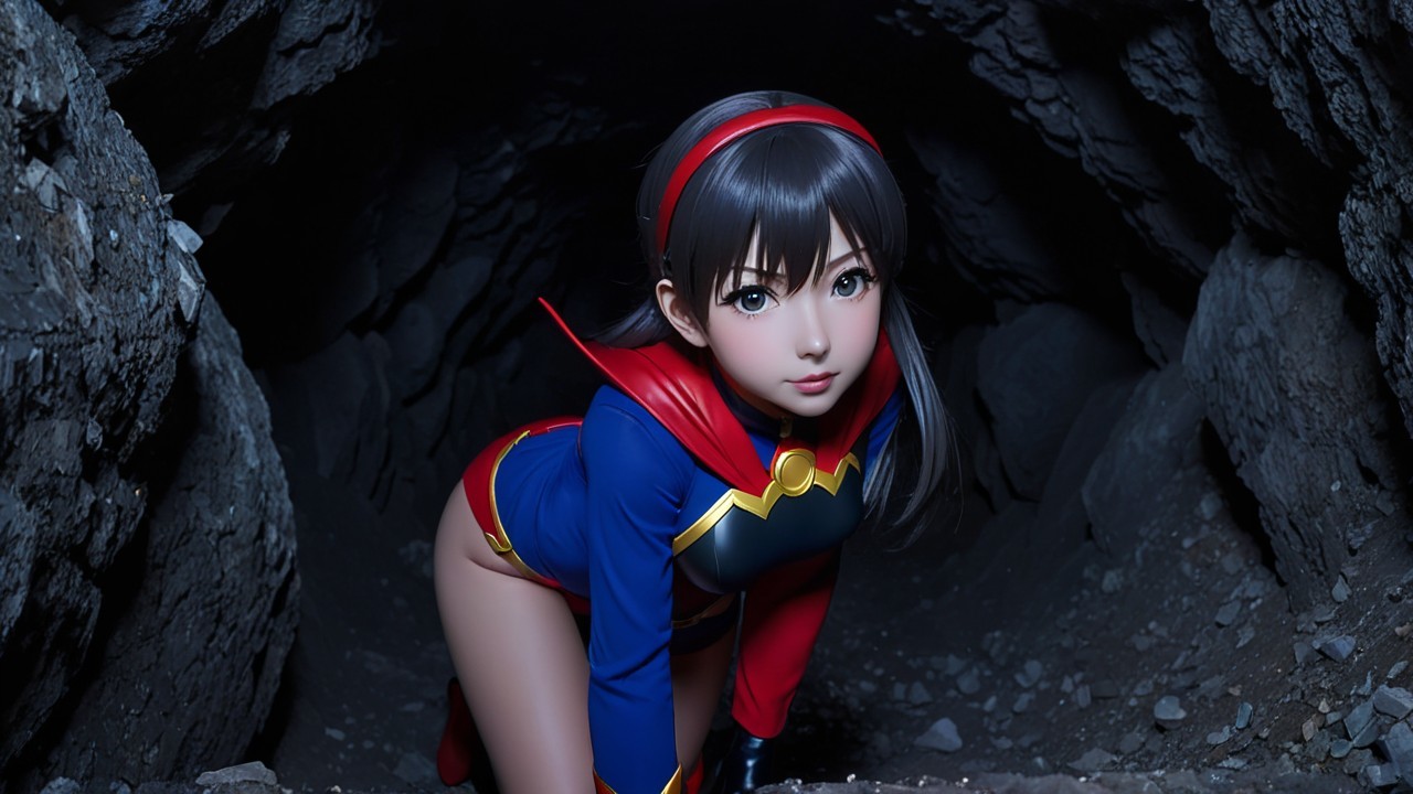 Superhero Character in Cave with Blue and Red Costume