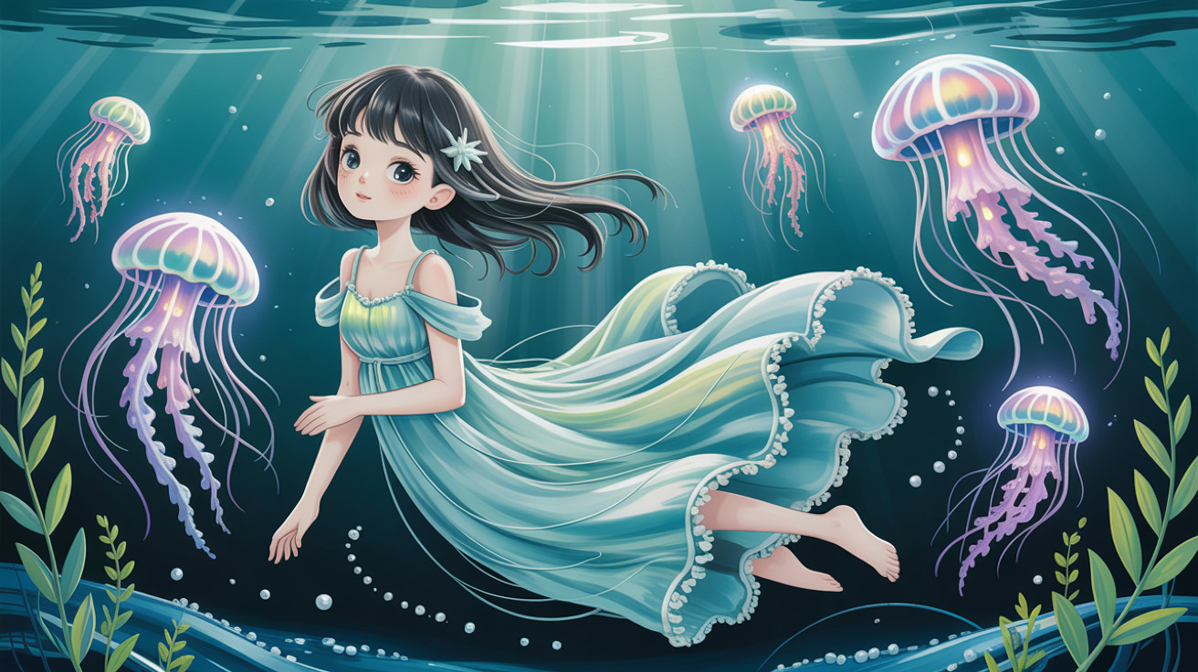 Young girl in flowing gown swimming with jellyfish