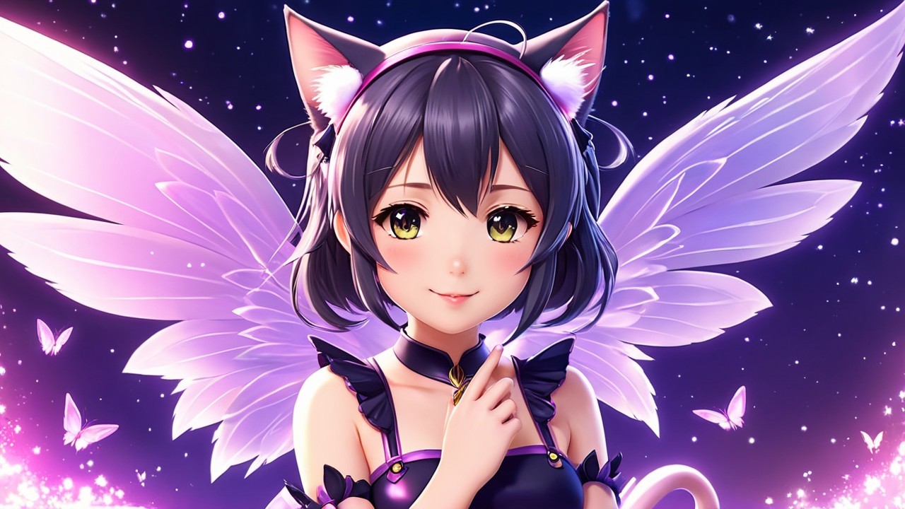 Whimsical Anime Character with Cat Ears and Wings