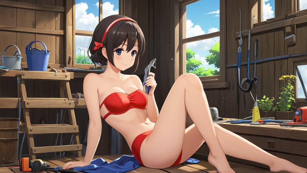 Young Woman in Red Bikini in Workshop Setting