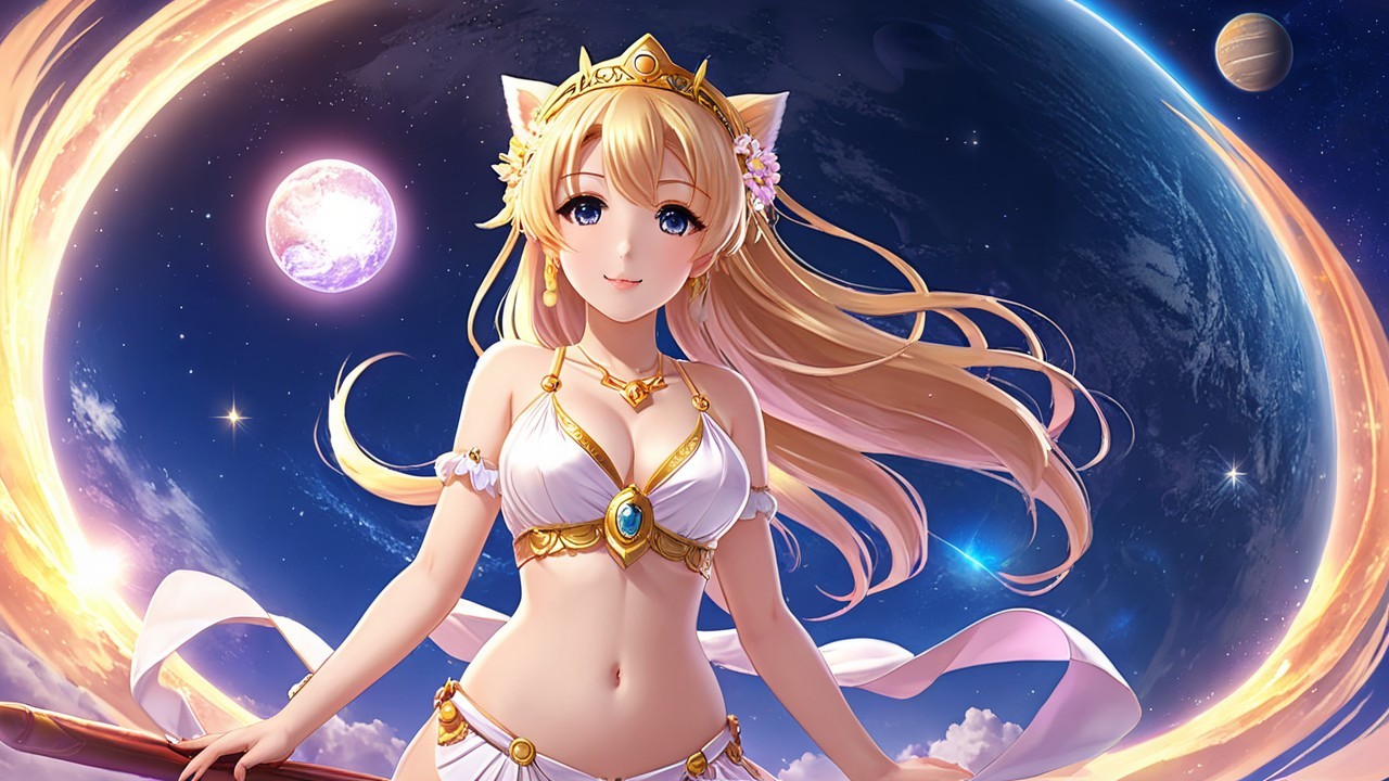 Celestial Character with Blonde Hair and Cosmic Background