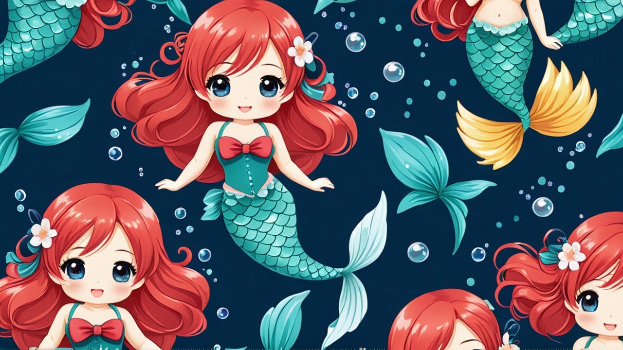 Whimsical Pattern of Animated Mermaids with Bubbles