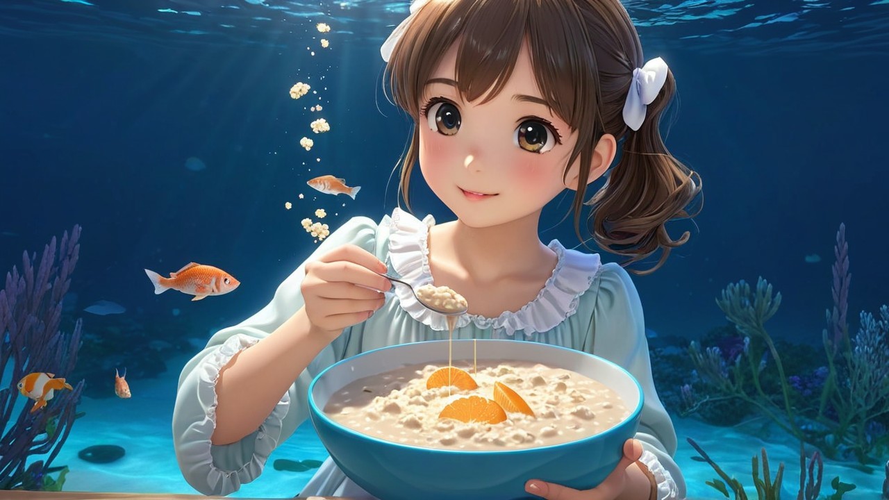 Young girl underwater enjoying oatmeal with orange slices
