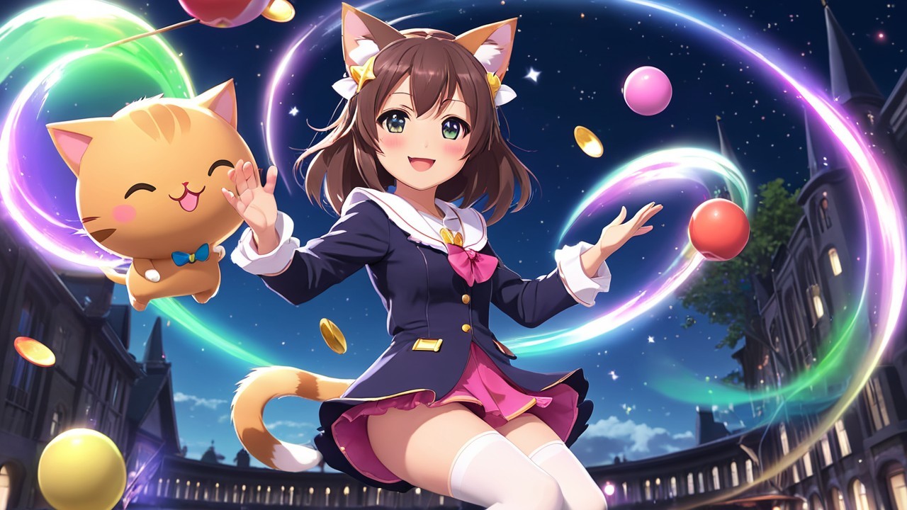 Cheerful girl in school uniform balances colorful orbs