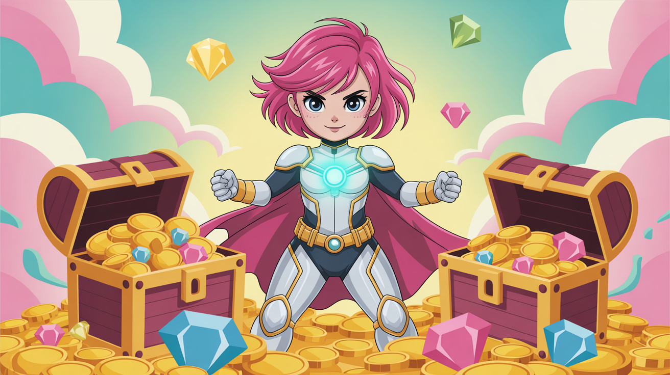 Female superhero in vibrant suit with treasure backdrop