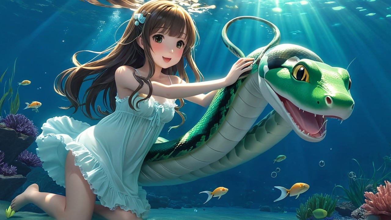 Young girl and sea serpent in vibrant underwater scene
