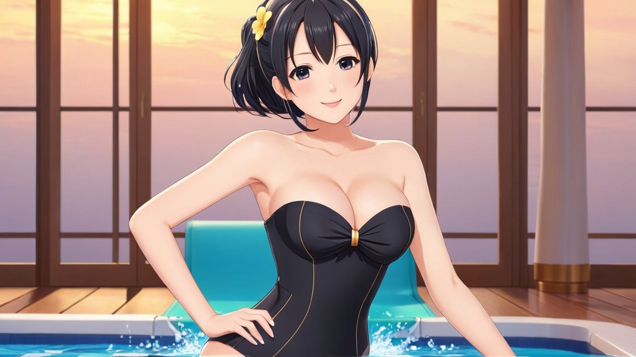 Young Woman in Black Swimsuit by Sunset Pool