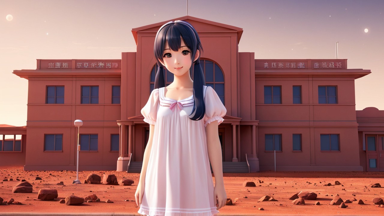 Young female character in frilly dress by building