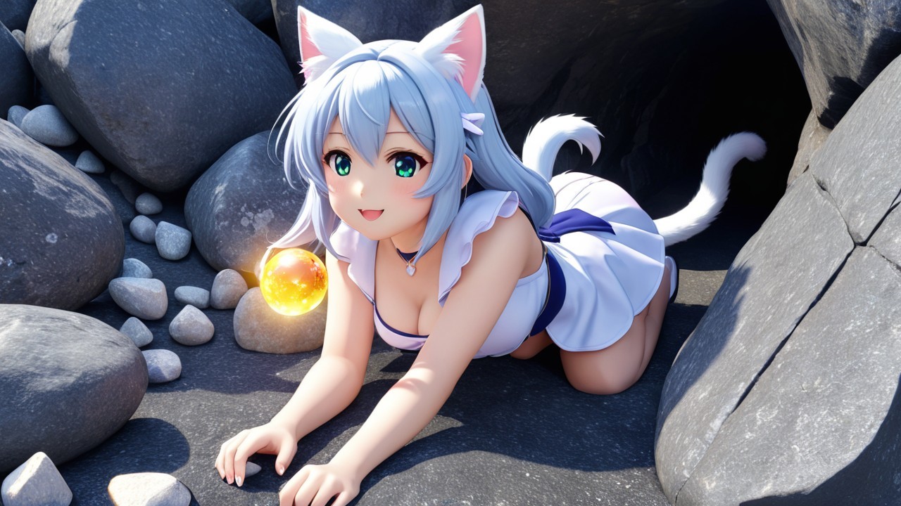 Anime Character with Cat Ears in Rocky Environment
