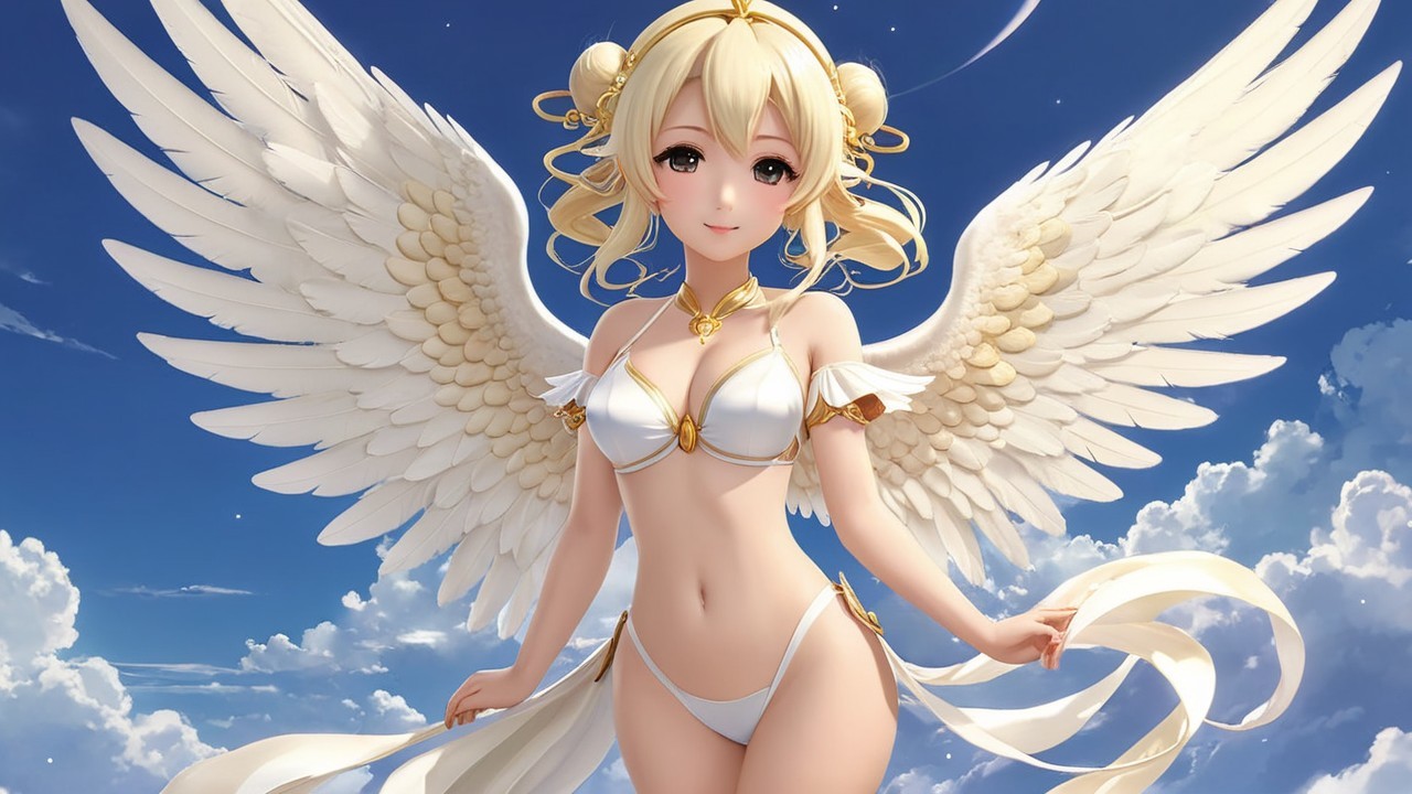 Angelic Figure with Wings Against Blue Sky and Clouds