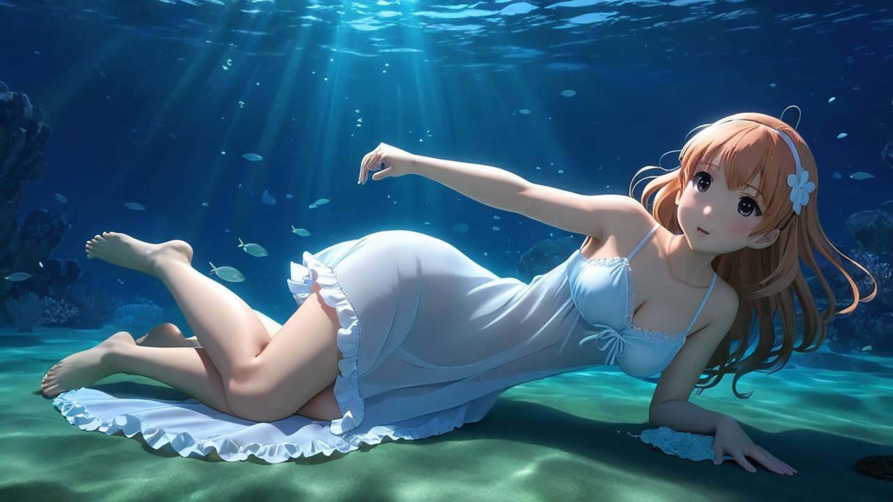 Underwater Scene of a Young Woman in a Light Dress
