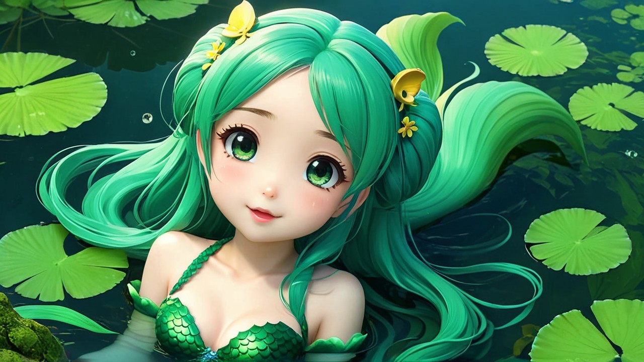 Whimsical Anime Character by a Serene Pond