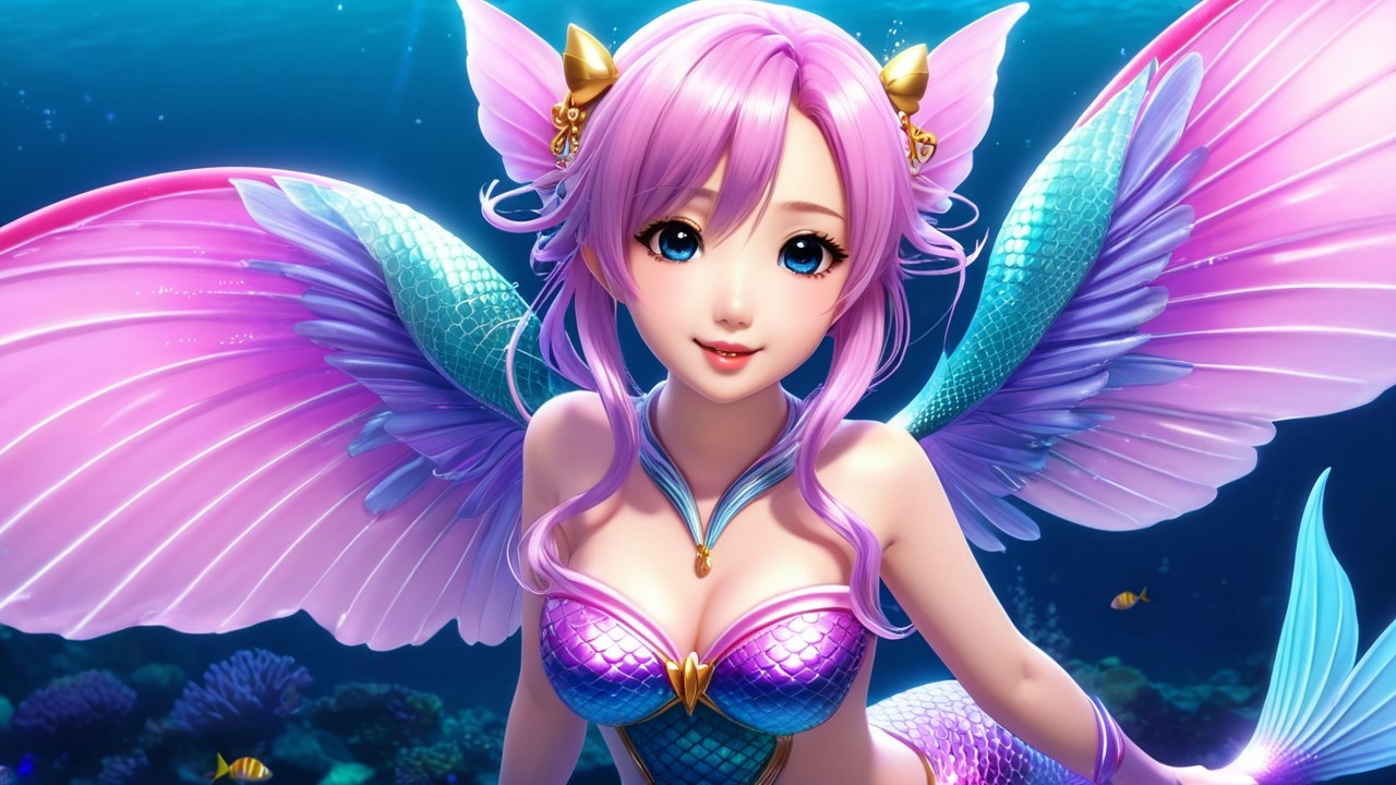 Vibrant Mermaid with Colorful Wings in Underwater Scene