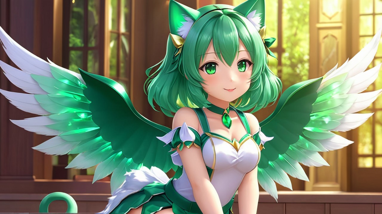 Fantasy Character with Green Hair and Cat Ears