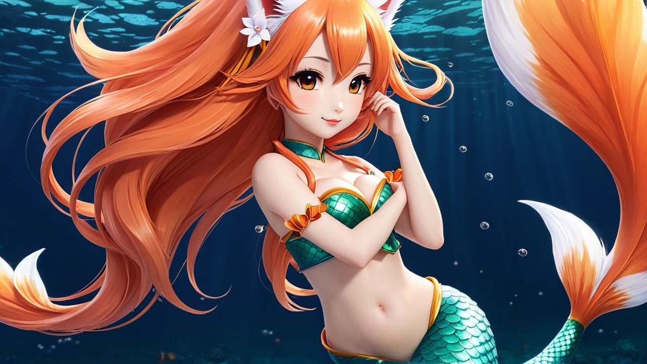 Vibrant Mermaid with Orange Hair in Aquatic Setting