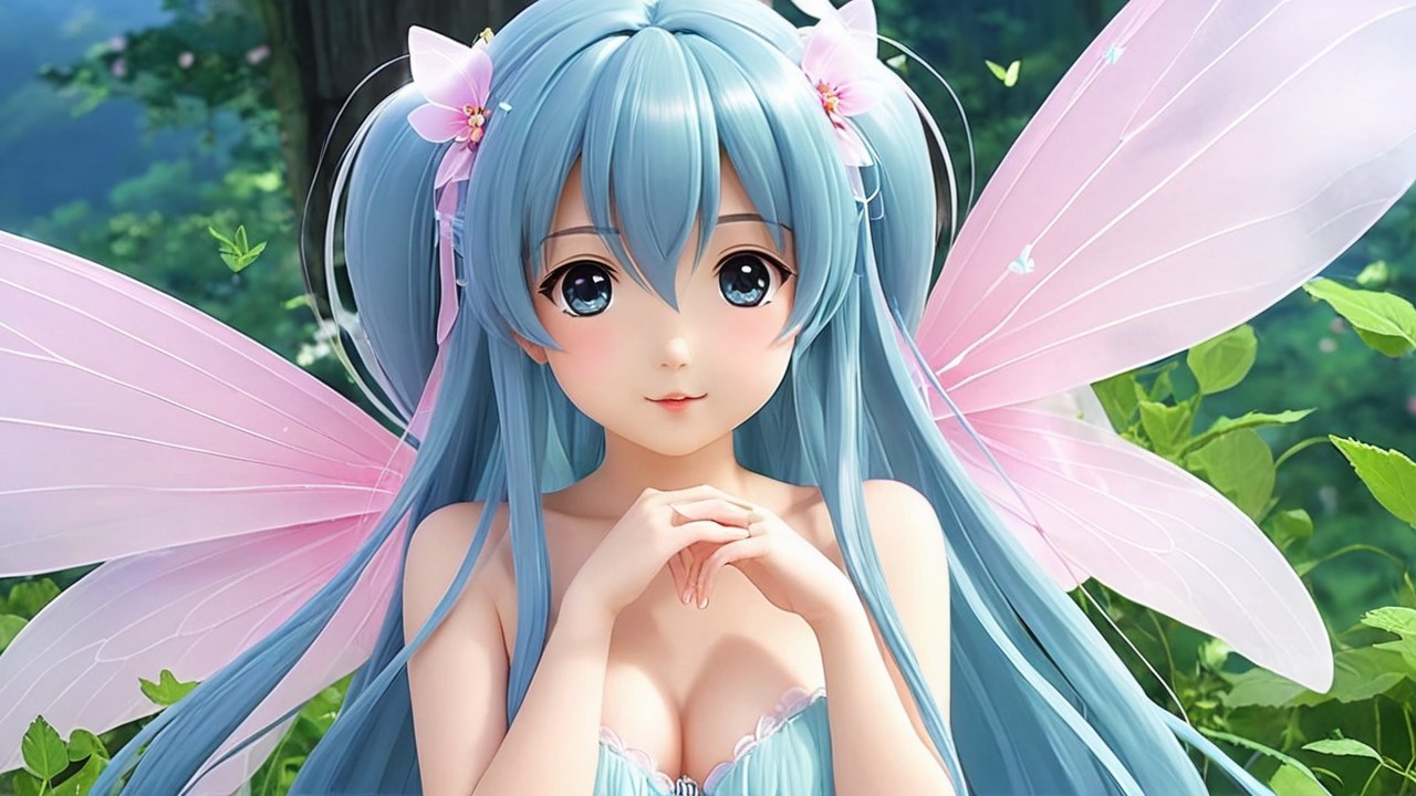 Whimsical Fairy with Blue Hair and Butterfly Wings