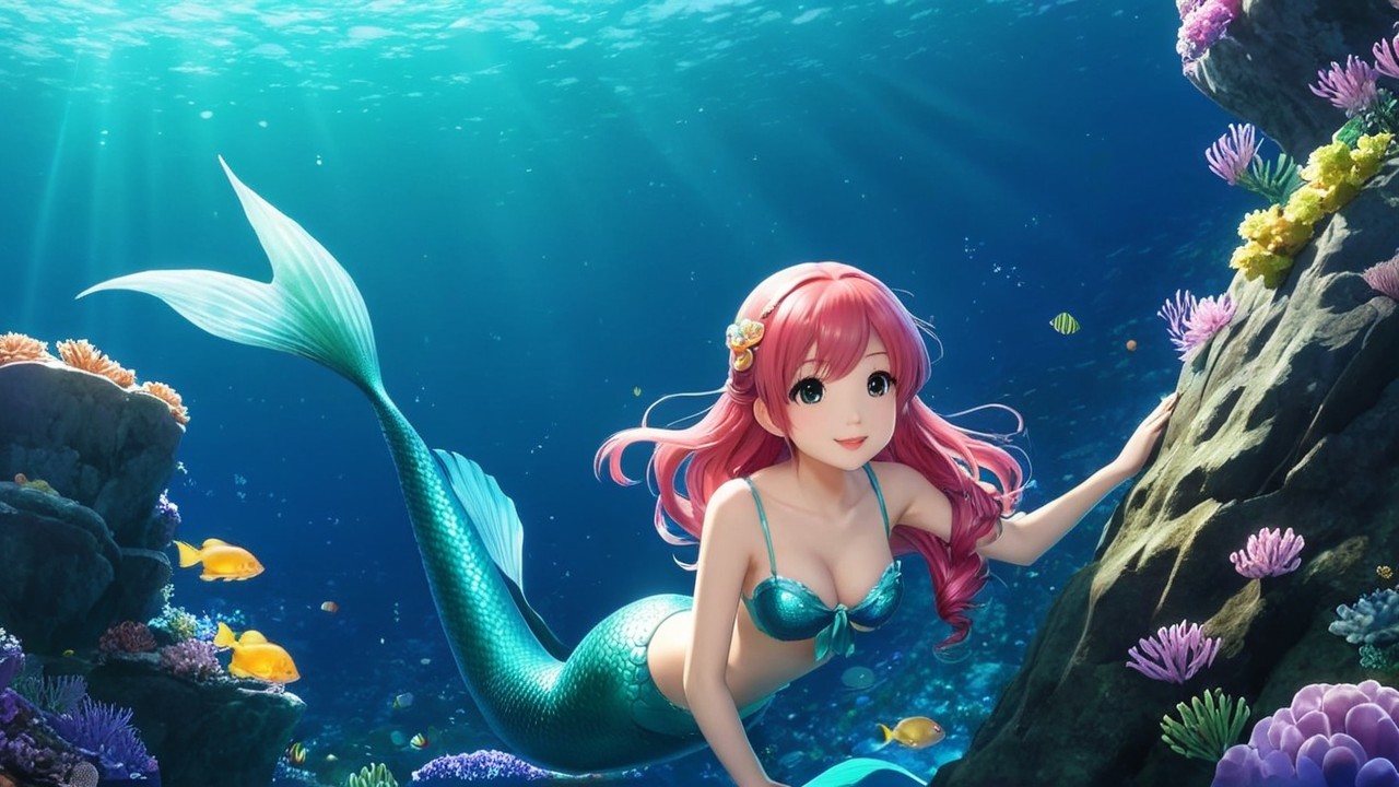 Vibrant Underwater Scene with Cheerful Mermaid