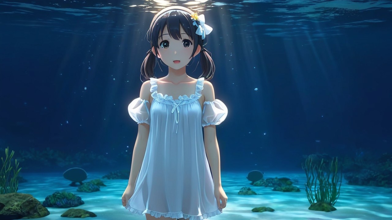 Underwater Scene with Girl in White Dress and Corals