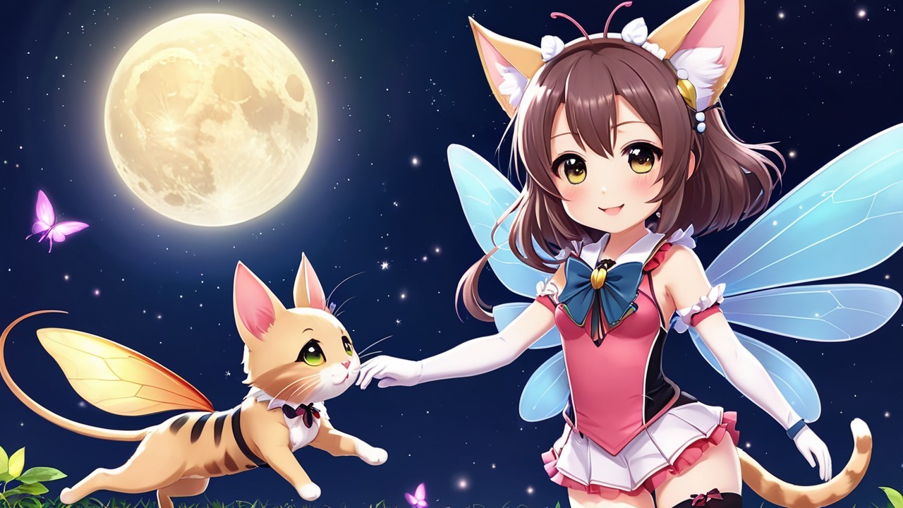 Young girl with cat ears and fairy wings at night