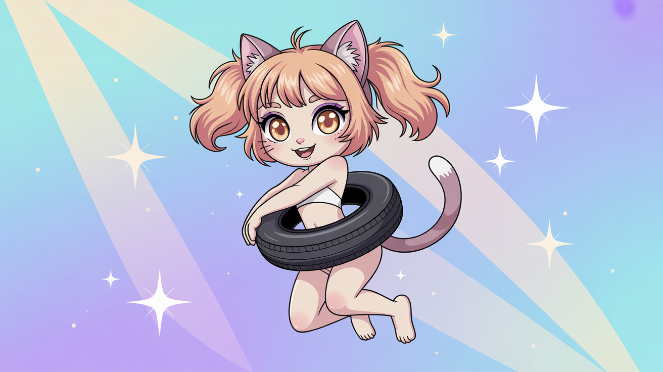 Cheerful anime-style girl in swimsuit with cat features