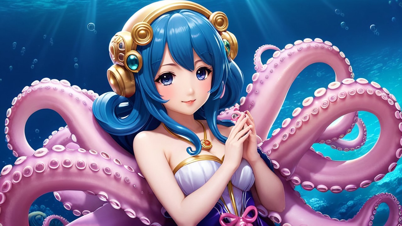 Fantasy Character with Blue Hair and Octopus Tentacles