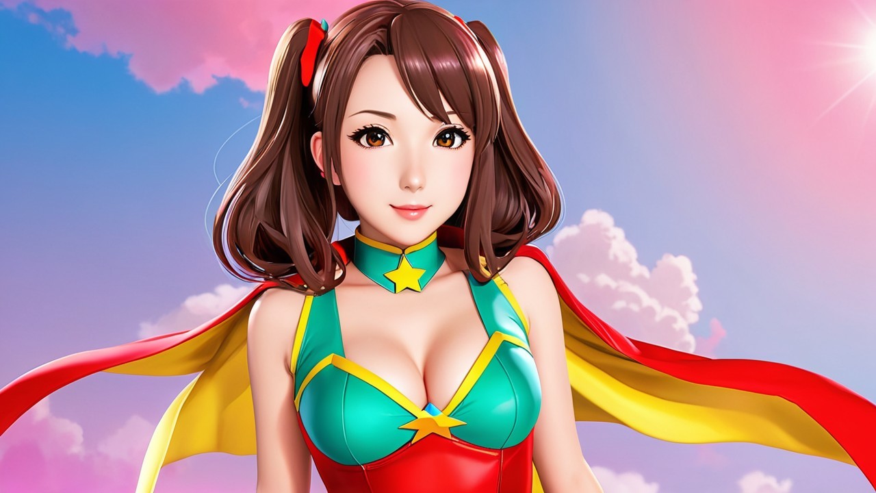 Vibrant superheroine with colorful costume and cape