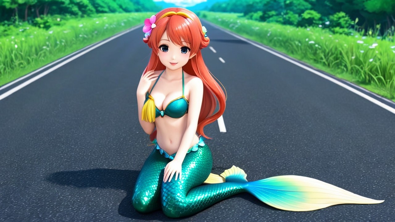 Vibrant Animated Mermaid on Road with Lush Greenery