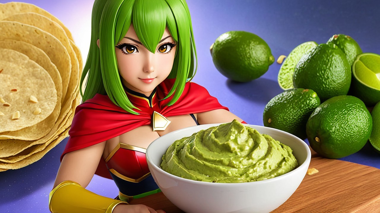 Animated character with guacamole and tortilla chips