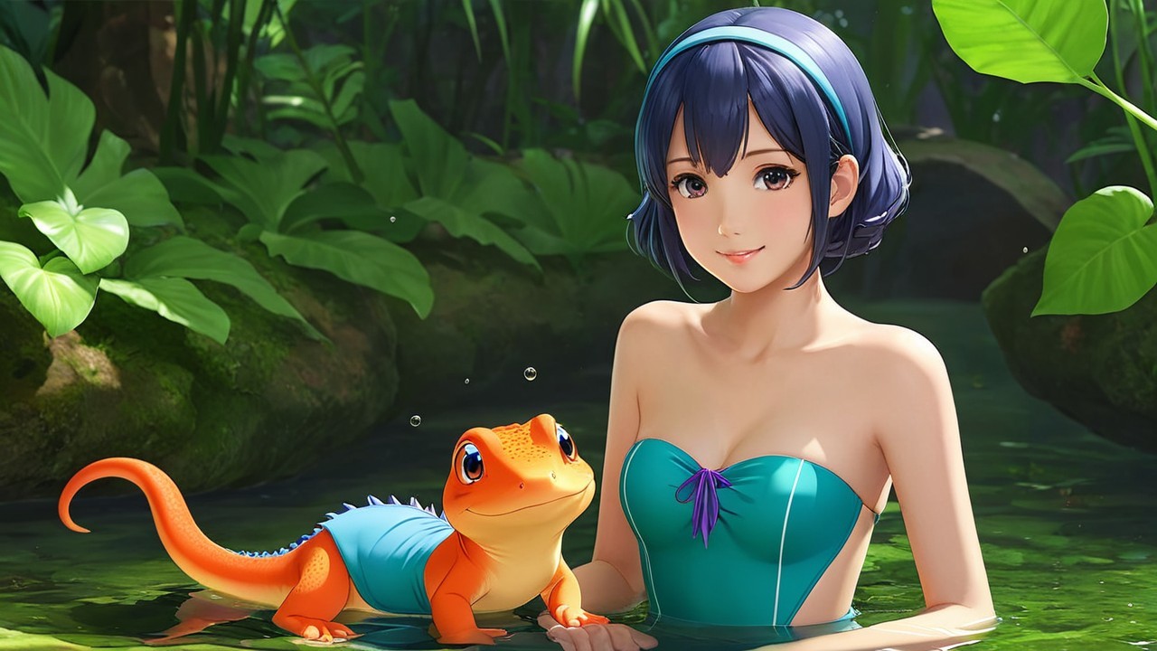 Young woman with blue hair in tropical water setting