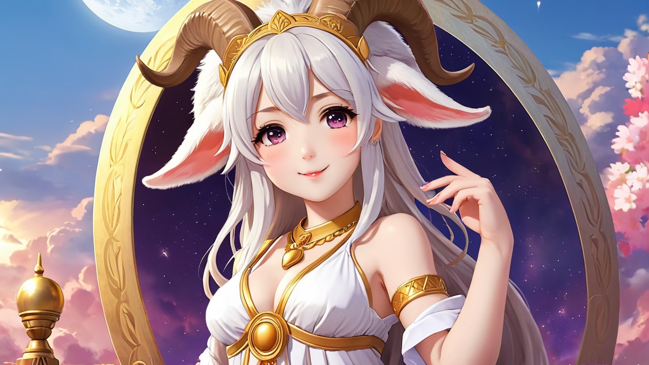 Anime girl with silver hair and horns in night sky