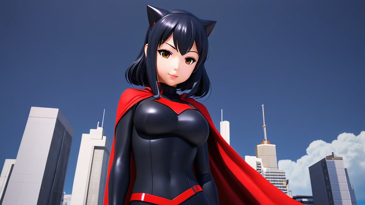 Anime Character with Cat Ears in Black Bodysuit