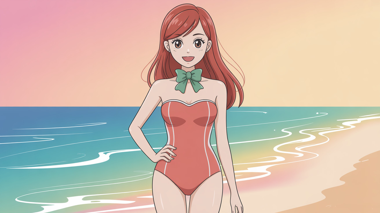 Anime depiction of a woman in swimsuit on a beach