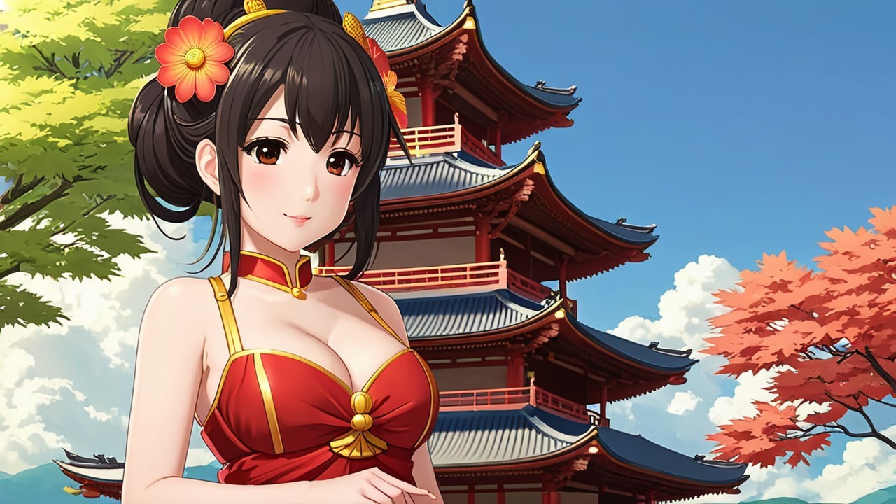 Young Woman in Red Dress by Pagoda and Trees