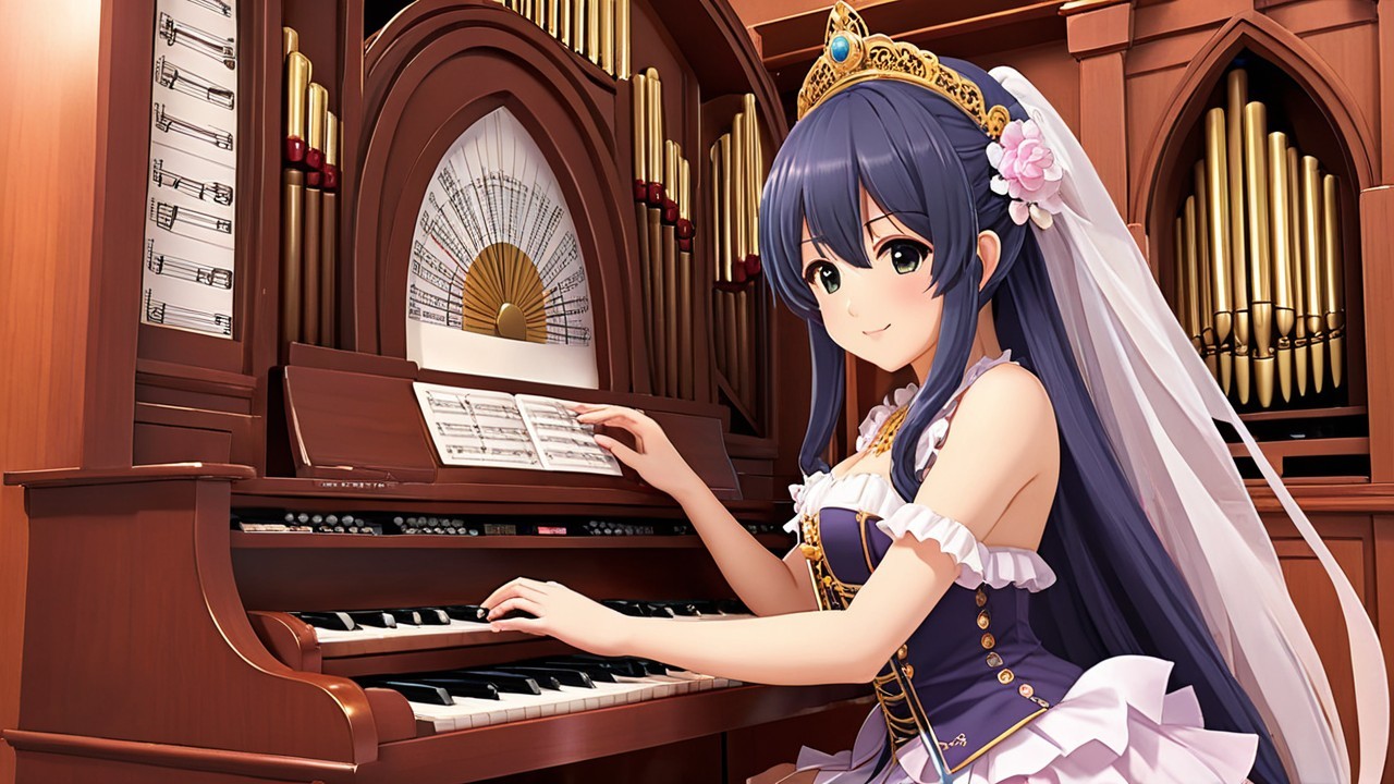 Young Woman in Lavender Gown at Ornate Organ