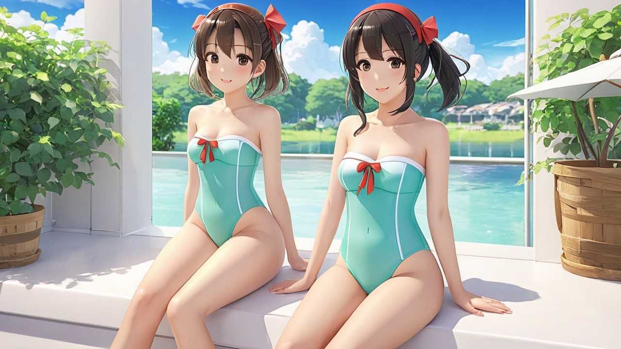 Animated Characters by Pool in Turquoise Swimsuits