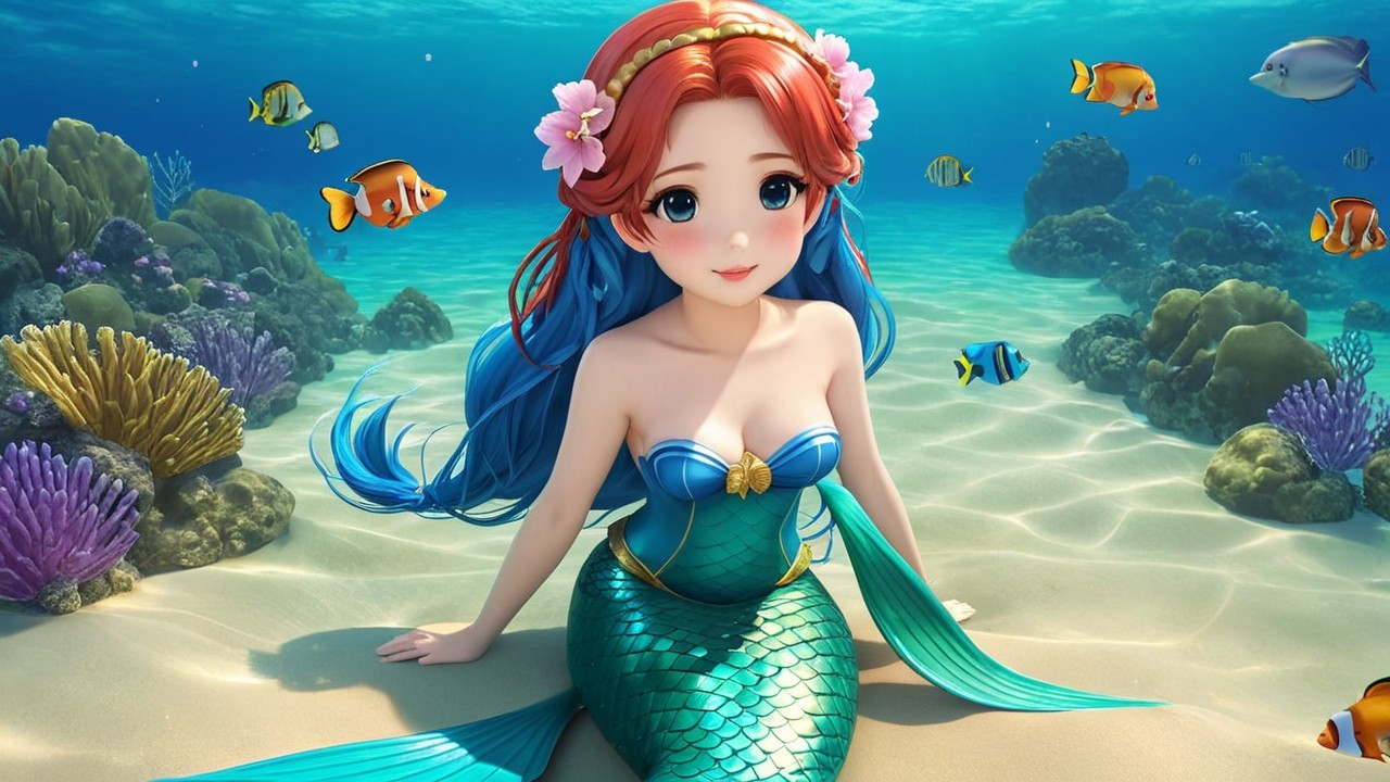 Vibrant Underwater Scene with Mermaid and Coral Reefs