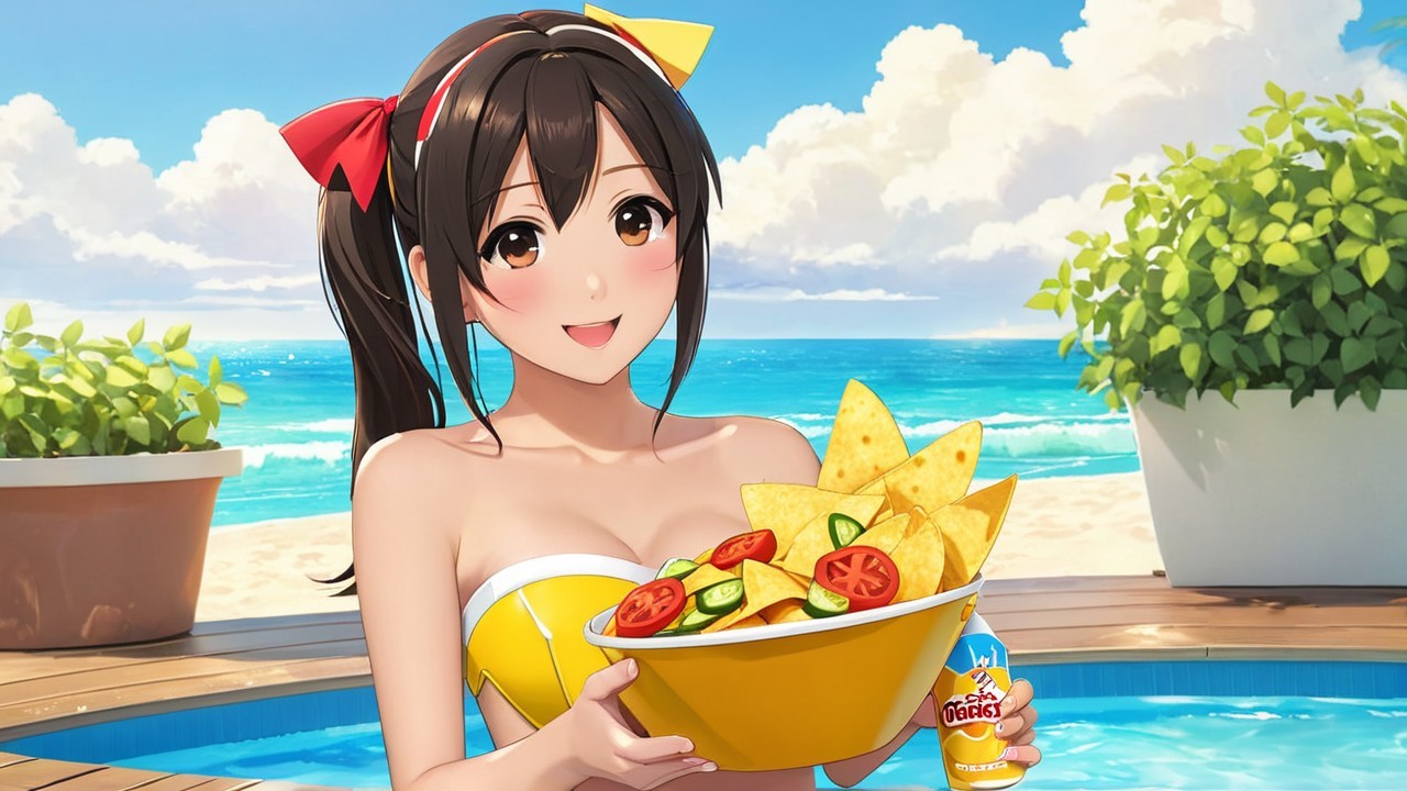 Young woman with nachos by a pool and beach backdrop