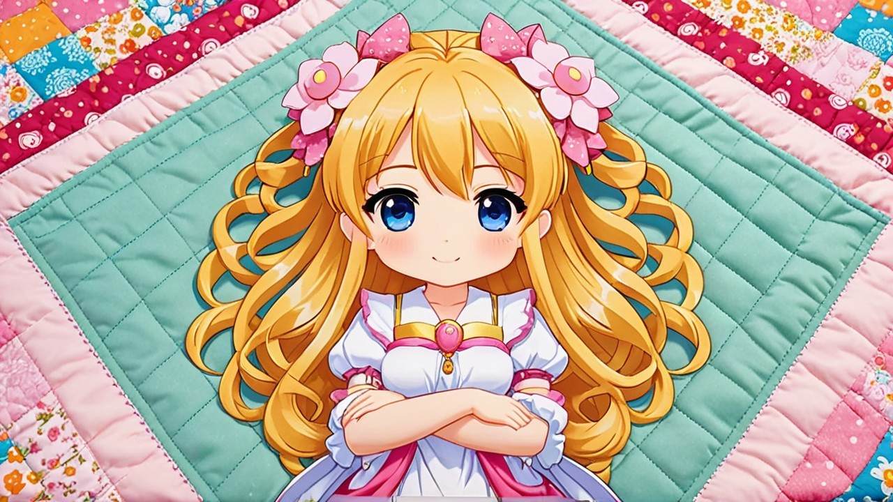 Cheerful Anime Character on Colorful Patchwork Quilt