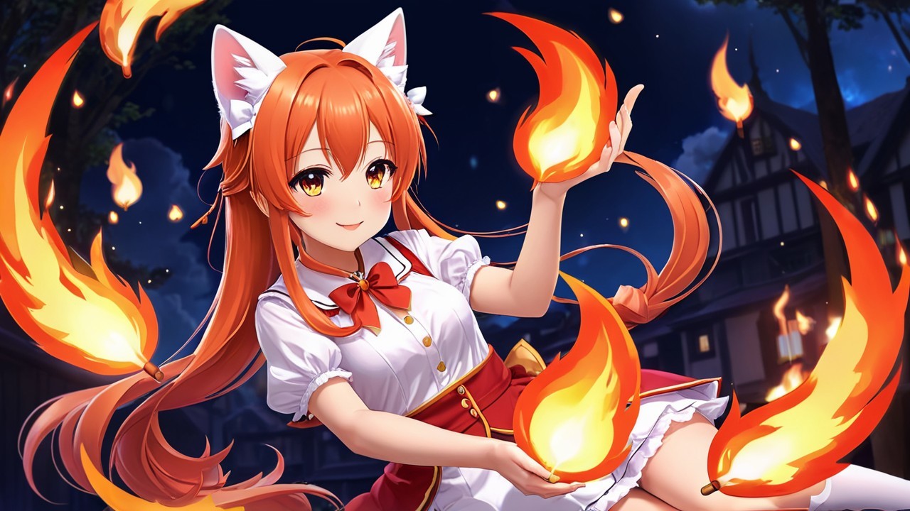 Young girl juggling flames in a starry night scene