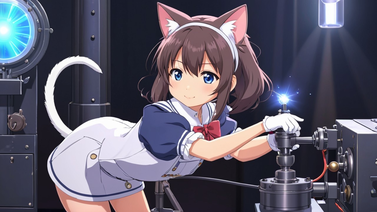 Young woman with cat ears in a mechanical setting