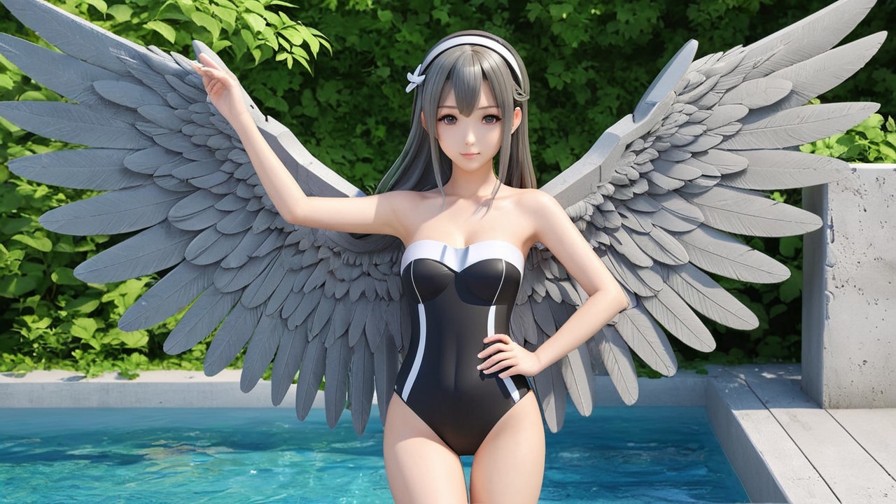 Stylish Character with Gray Wings by a Poolside
