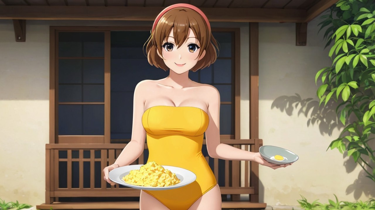 Character in Yellow Swimsuit Holding Eggs Outdoors