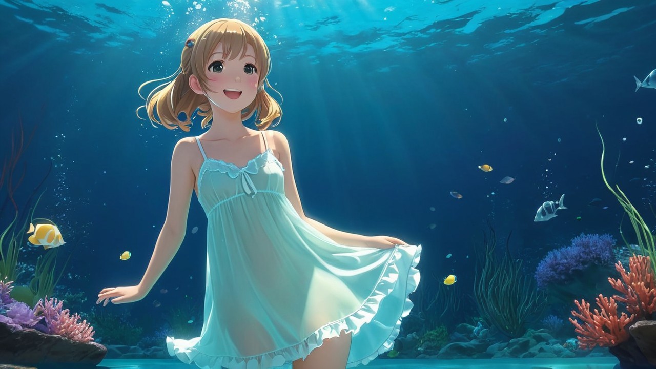 Young girl in blue dress underwater with colorful fish