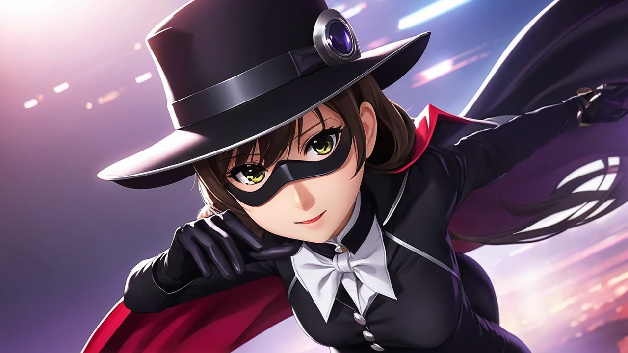 Confident Anime Character in Black Outfit and Cape