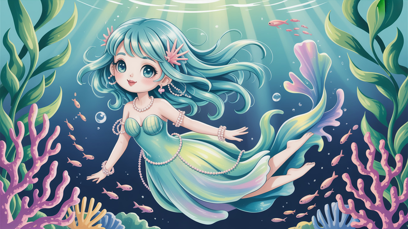 Chibi Mermaid with Blue Hair in Vibrant Ocean Scene