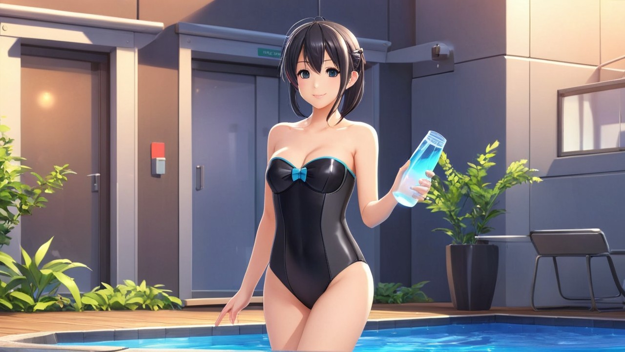 Young woman in black swimsuit by a sunny pool